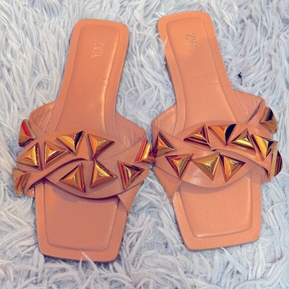 Zara Tan and Gold‎ Sandals with Geometric Design Sz 36 - Picture 2 of 5